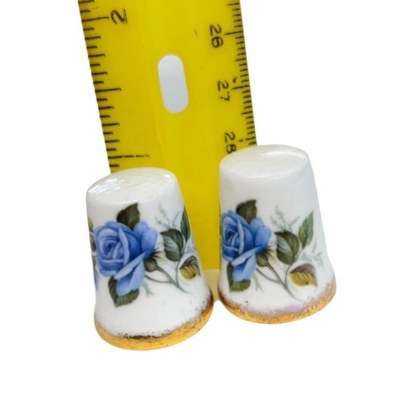 Royal Crown Porcelain Decorative Thimbles Set of 2 Blue Rose Gold Trim - Picture 5 of 8